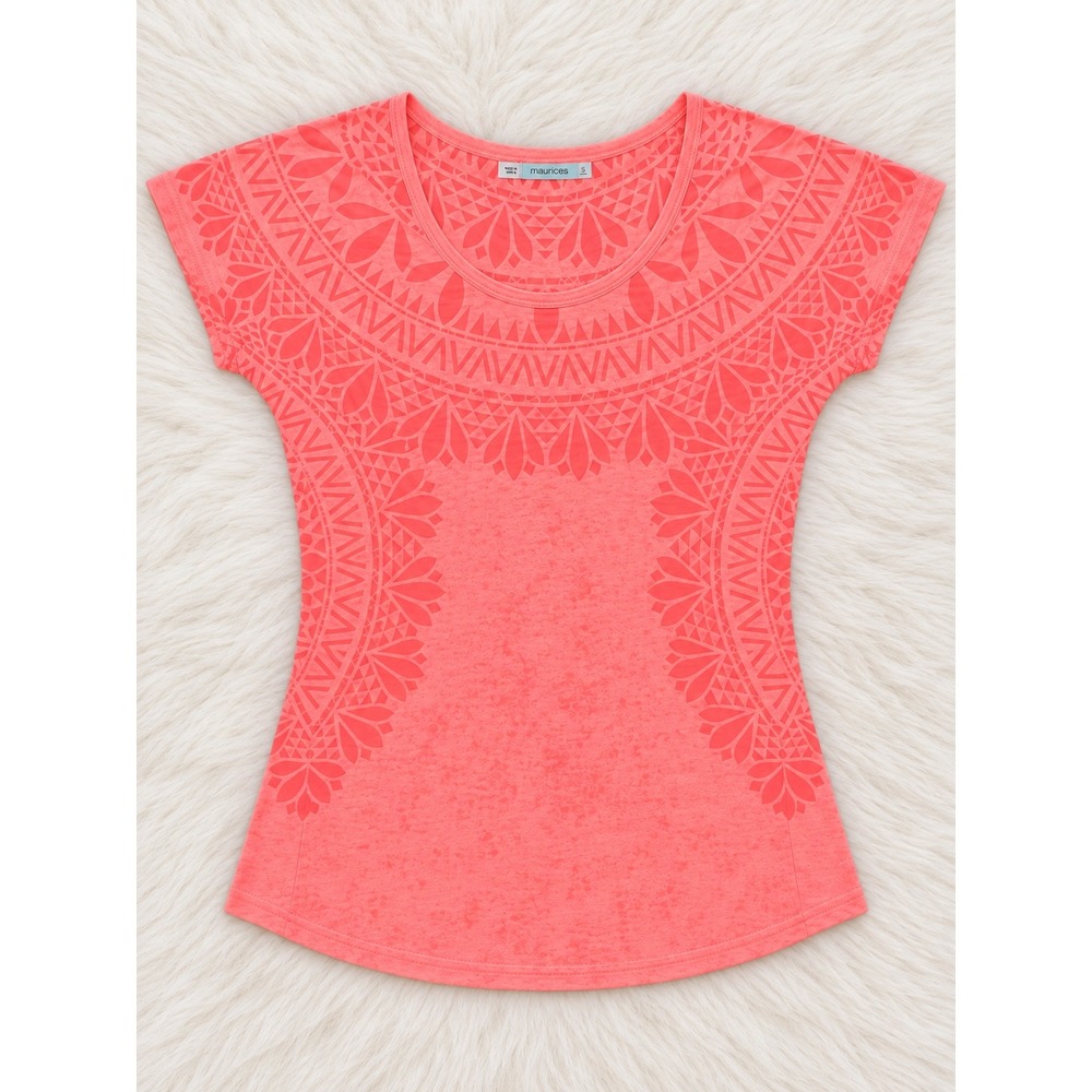 Maurices Coral Pink Printed Top Women's Small Short Sleeve Floral Geometric